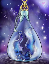 Size: 1024x1325 | Tagged: safe, artist:animechristy, princess luna, g4, eyes closed, female, pony in a bottle, prone, sleeping, solo, space, stars