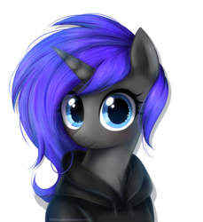 Size: 1100x1200 | Tagged: safe, artist:0biter, oc, oc only, oc:cobalt, pony, unicorn, bust, clothes, hoodie, looking at you, simple background, smiling, solo