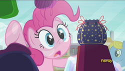 Size: 1920x1088 | Tagged: safe, screencap, perfect pace, pinkie pie, g4, the gift of the maud pie, against glass, discovery family logo, glass, pouch, rock pouch, window