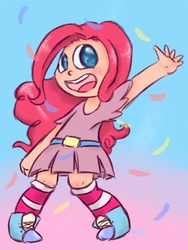 Size: 768x1024 | Tagged: safe, artist:siolderp, pinkie pie, human, g4, belt, clothes, female, humanized, pleated skirt, shirt, shoes, skirt, socks, solo, striped socks, waving