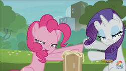Size: 1920x1080 | Tagged: safe, screencap, pinkie pie, rarity, g4, the gift of the maud pie, discovery family logo, frown, fusion dance fail, lidded eyes, open mouth, present, pushing, smiling