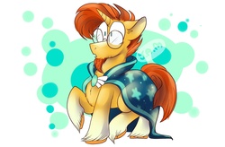 Size: 1349x883 | Tagged: safe, artist:ihasjessie-kat, sunburst, pony, unicorn, g4, abstract background, chest fluff, chin fluff, cloak, clothes, cute, ear fluff, facial hair, floppy ears, frown, glasses, goatee, hoof fluff, male, no catchlights, no pupils, open mouth, raised hoof, solo, stallion, sunbetes, surprised, unshorn fetlocks