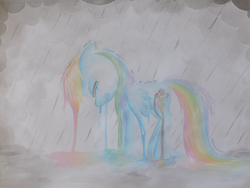 Size: 1024x771 | Tagged: safe, artist:deadliestvenom, rainbow dash, g4, cloud, color loss, crying, female, sad, solo, traditional art