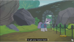 Size: 1278x726 | Tagged: safe, screencap, maud pie, g4, the gift of the maud pie, bouldcam, canon, caption, close enough, discovery family logo, meme, pouch, rock pouch, subtitles, youtube caption