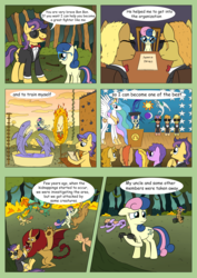 Size: 2893x4092 | Tagged: safe, artist:theponypretender, bon bon, princess celestia, sweetie drops, oc, dragon, manticore, wolf, comic:a lyrabon adventure, g4, filly, fire, forest, glasses, secret agent sweetie drops, sharks