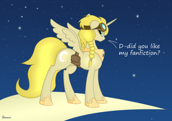 Size: 1024x724 | Tagged: safe, artist:wonkysole, oc, oc only, oc:noctis, alicorn, pony, bag, dialogue, goggles, saddle bag, solo, stars