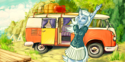 Size: 1024x512 | Tagged: safe, artist:kovoranu, trixie, anthro, g4, clothes, cute, eyes closed, female, fluffy, microbus, pleated skirt, skirt, smiling, solo, stretching, volkswagen, volkswagen transporter, volkswagen type 2