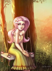 Size: 1323x1800 | Tagged: safe, artist:natanatfan, fluttershy, human, g4, breasts, busty fluttershy, clothes, dress, female, flower, flower in hair, humanized, solo, swing, tree
