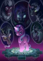 Size: 1024x1439 | Tagged: safe, artist:pa-kalsha, discord, king sombra, lord tirek, nightmare moon, queen chrysalis, starlight glimmer, g4, antagonists six, magic