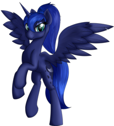 Size: 1809x2000 | Tagged: safe, artist:vinaramic, princess luna, alicorn, pony, g4, alternate hairstyle, female, lidded eyes, looking at you, mare, ponytail, rearing, simple background, smiling, solo, spread wings, transparent background, wings