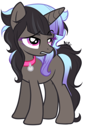 Size: 1024x1522 | Tagged: safe, artist:diigii-doll, oc, oc only, oc:aroma dazzler, blank flank, collar, pet tag, solo, starry eyes, wingding eyes