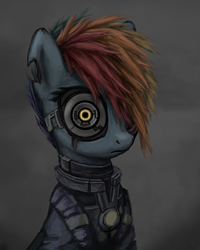 Size: 4152x5190 | Tagged: safe, artist:inowiseei, rainbow dash, cyborg, g4, absurd resolution, alternate timeline, apocalypse dash, creepy, crystal war timeline, female, i never asked for this, solo, torn ear