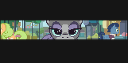 Size: 1288x640 | Tagged: safe, artist:grinwild, floral pattern, maud pie, waxton, g4, the gift of the maud pie, female, glare, looking at you, pixel art, solo, stare