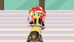 Size: 1280x720 | Tagged: safe, edit, edited screencap, editor:ah96, screencap, sunset shimmer, equestria girls, g4, my little pony equestria girls: friendship games, book, female, solo