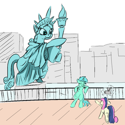 Size: 800x800 | Tagged: safe, artist:cheshiresdesires, bon bon, lyra heartstrings, sweetie drops, earth pony, pony, unicorn, g4, the gift of the maud pie, background pony, bipedal, camera, city, duo, female, leaning back, levitation, liberty, magic, magic aura, manehattan, mare, photobomb, statue of friendship, telekinesis, tongue out