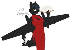 Size: 4791x3333 | Tagged: safe, artist:camo-pony, derpibooru exclusive, oc, oc only, original species, plane pony, anthro, bedroom eyes, cheongsam, clothes, fan, female, lockheed corporation, plane, simple background, solo, transparent background, u-2, u-2 dragon lady, vector