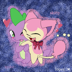 Size: 429x431 | Tagged: safe, artist:lopez765, spike, dragon, skitty, g4, crossover, crossover shipping, hug, pokémon, shipping