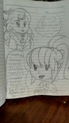 Size: 1872x3328 | Tagged: safe, artist:pokecure123, diwata aino, orange sherbette, equestria girls, g4, background human, duo, grayscale, lined paper, monochrome, photo, traditional art