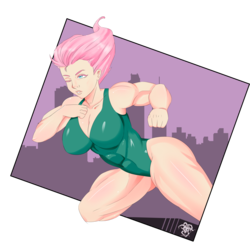Size: 3500x3500 | Tagged: dead source, safe, artist:shinigamihentai, fluttershy, saddle rager, human, g4, power ponies (episode), big breasts, breasts, busty fluttershy, female, high res, humanized, leotard, muscles, muscleshy, power ponies, simple background, solo, transparent background, wink