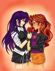 Size: 2550x3300 | Tagged: safe, artist:satou2612, sunset shimmer, oc, oc:moonlight, human, g4, canon x oc, female, flower, high res, humanized, lesbian, pony coloring, rose, shipping