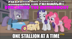 Size: 889x488 | Tagged: safe, edit, screencap, maud pie, pinkie pie, rarity, street rat, g4, the gift of the maud pie, 1000 years in photoshop, feminism, feminism is magic, image macro, matriarchy, meme, party cannon, patriarchy