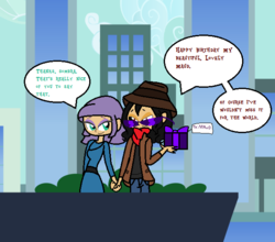 Size: 610x538 | Tagged: safe, artist:obeliskgirljohanny, king sombra, maud pie, human, g4, the gift of the maud pie, clothes, disguise, fedora, hat, holding hands, humanized, manehattan, maudbra, present, scarf, sunglasses, trenchcoat