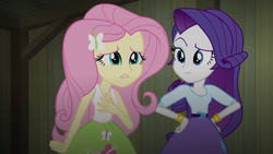 Size: 1280x720 | Tagged: safe, screencap, fluttershy, rarity, equestria girls, g4, my little pony equestria girls: rainbow rocks, female, grope