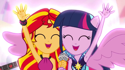 Size: 1280x720 | Tagged: safe, screencap, sunset shimmer, twilight sparkle, equestria girls, g4, my little pony equestria girls: rainbow rocks, ^^, armpits, arms in the air, clothes, cute, dress, eyes closed, hands in the air, happiness, happy, ponied up, raised arm, shimmerbetes, sleeveless, sleeveless dress, twiabetes, twilight sparkle (alicorn), welcome to the show