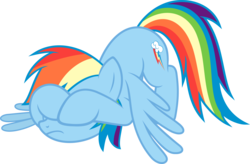 Size: 6000x3931 | Tagged: safe, artist:slb94, rainbow dash, pegasus, pony, g4, the crystalling, covering, covering eyes, cowering, double facehoof, embarrassed, face down ass up, facehoof, female, frown, mare, scared, shame, simple background, solo, spread wings, transparent background, vector, wings