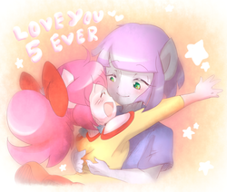Size: 1418x1200 | Tagged: safe, artist:thegreatrouge, maud pie, pinkie pie, anthro, g4, the gift of the maud pie, 5ever, bowtie, clothes, cute, duo, eyes closed, hug, love, open mouth, scene interpretation, siblings, sisters, smiling, when she smiles