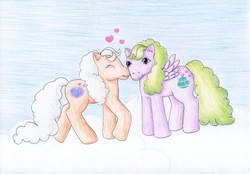 Size: 1024x713 | Tagged: safe, artist:normaleeinsane, lavender lace (g1), sweet lily, g1, eyes closed, heart, traditional art