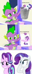 Size: 1000x2280 | Tagged: safe, artist:illumnious, artist:lollypopa, artist:xebck, edit, edited screencap, hundreds of users filter this tag, screencap, rarity, spike, starlight glimmer, the crystalling, alternate ending, bedroom eyes, blushing, female, gasp, grin, jealous, love, love triangle, male, paper, rarity plushie, shipping, shocked, simple background, smiling, smirk, sparlight, straight, sultry pose, teeth, this will end in tears, trash can, twilight's castle, white background