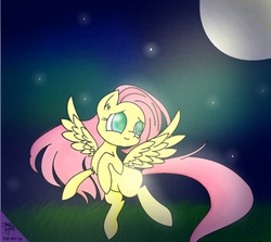 Size: 1024x914 | Tagged: safe, artist:rainbows-in-reality, fluttershy, g4, female, flying, full moon, looking away, night, solo, spread wings, stars