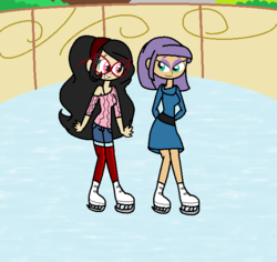 Size: 606x572 | Tagged: safe, artist:obeliskgirljohanny, maud pie, oc, oc:seraphim cyanne, human, g4, the gift of the maud pie, clothes, dress, glasses, humanized, ice rink, ice skates, ice skating, manehattan, skirt, socks, thigh highs, zettai ryouiki