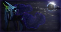 Size: 3263x1750 | Tagged: safe, artist:fancymareinblue, nightmare moon, queen chrysalis, alicorn, changeling, changeling queen, pony, g4, eclipse, female, grin, hug, lesbian, magic, ship:chrysmoon, shipping, solar eclipse