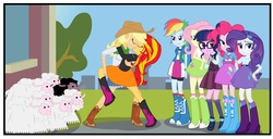 Size: 3190x1628 | Tagged: safe, artist:gutovi, edit, applejack, fluttershy, pinkie pie, rainbow dash, rarity, sci-twi, sunset shimmer, twilight sparkle, sheep, comic:why me!?, equestria girls, g4, my little pony equestria girls: friendship games, boots, bracelet, breaking the fourth wall, clothes, cropped, female, jacket, jealous, jewelry, kiss on the lips, kissing, leather jacket, lesbian, looking at you, no fourth wall, ship:appleshimmer, shipping, shoes, skirt