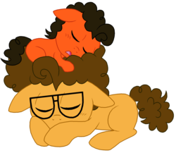 Size: 1024x887 | Tagged: safe, artist:crazynutbob, cheese sandwich, oc, oc:tomato sandwich, g4, brothers, colt, colt cheese sandwich, cute, diacheeses, male, mane as pillow, nap, siblings, sleep pile, sleeping, younger