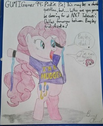 Size: 2018x2478 | Tagged: safe, artist:gumigamer94, pinkie pie, g4, bayley, clothes, female, high res, nxt, sketch, solo, t-shirt, wrestling, wwe