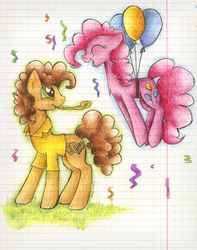 Size: 1114x1414 | Tagged: safe, artist:mufflinka, cheese sandwich, pinkie pie, g4, balloon, lined paper, then watch her balloons lift her up to the sky, traditional art