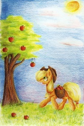 Size: 1082x1633 | Tagged: safe, artist:mufflinka, applejack, g4, apple, apple tree, basket, female, food, solo, traditional art, tree