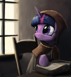 Size: 1101x1179 | Tagged: safe, artist:bakuel, clover the clever, twilight sparkle, g4, hearth's warming eve (episode), book, chair, clothes, costume, female, frown, looking back, sitting, solo, table, window
