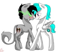 Size: 590x470 | Tagged: artist needed, safe, oc, oc only, changeling, pegasus, pony, blushing, eye contact, spread wings