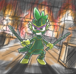 Size: 1220x1188 | Tagged: safe, artist:flutterthrash, spike, g4, clothes, commission, costume, crossover, eskrima sticks, fire, kick-ass, male, solo