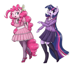 Size: 1280x1186 | Tagged: safe, artist:king-kakapo, pinkie pie, twilight sparkle, anthro, unguligrade anthro, g4, arm hooves, clothes, cloven hooves, dress, duo, duo female, female, frilly dress, high heels, mary janes, multiple variants, pantyhose, plaid, pleated skirt, ribbon, simple background, skirt, socks, stockings, unshorn fetlocks, vest, white background