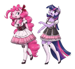 Size: 1280x1186 | Tagged: safe, artist:king-kakapo, pinkie pie, twilight sparkle, anthro, unguligrade anthro, g4, apron, arm hooves, clothes, cloven hooves, dress, duo, duo female, female, flower, frilly dress, high heels, mary janes, multiple variants, one eye closed, open mouth, open smile, ribbon, simple background, skirt, smiling, socks, stockings, unshorn fetlocks, white background, wink