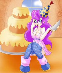 Size: 2068x2415 | Tagged: safe, artist:lucky-jj, pinkie pie, human, g4, big breasts, breasts, cake, cleavage, clothes, cute, dress, female, food, hat, high res, humanized, knife, leg warmers, licking, licking fingers, party hat, shoes, sideass, skirt, socks, solo, thigh highs