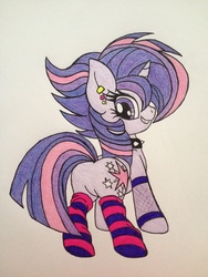 Size: 2448x3264 | Tagged: safe, artist:shadayloronic, twilight sparkle, alicorn, pony, castle sweet castle, g4, alternate hairstyle, choker, clothes, earring, female, high res, leg warmers, mare, piercing, punklight sparkle, socks, solo, spiked choker, striped socks, traditional art, twilight sparkle (alicorn)