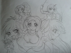 Size: 2560x1920 | Tagged: safe, artist:mechakumi, applejack, fluttershy, pinkie pie, rainbow dash, rarity, twilight sparkle, human, g4, arm hooves, clothes, crossover, danganronpa, horn, horned humanization, humanized, mane six, traditional art, winged humanization