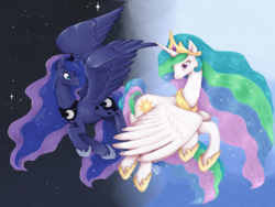 Size: 1000x750 | Tagged: safe, artist:szkot-aye, princess celestia, princess luna, g4, flying, royal sisters, sisters