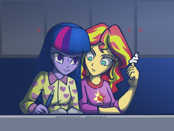 Size: 1280x960 | Tagged: safe, artist:gabbslines, sunset shimmer, twilight sparkle, equestria girls, g4, my little pony equestria girls: rainbow rocks, clothes, food, pajamas, sweat, whipped cream